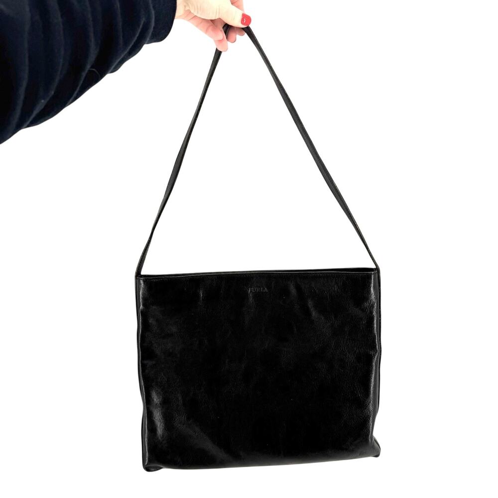 Furla Made In Italy Black Leather Bag Square Shoulder Bag Purse